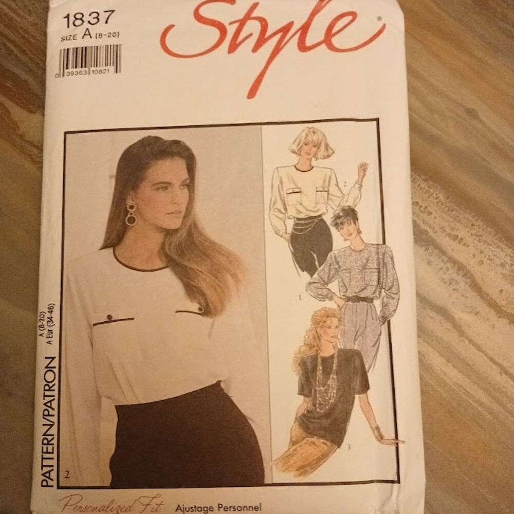 STYLE 1837 Sewing Pattern womens Blouse Shirt Top sz 8-20 keyhole back Crew neck
